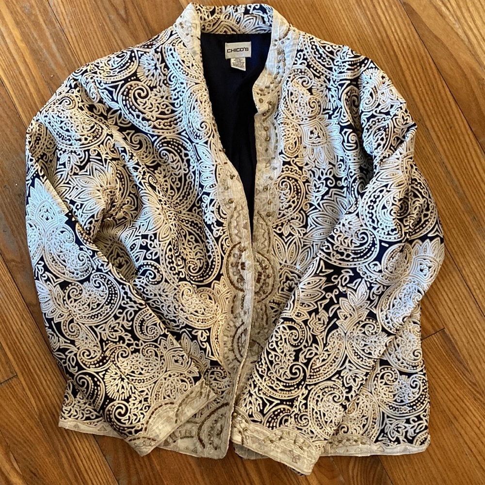 Chicos silk blazer navy tan XL retro. Design